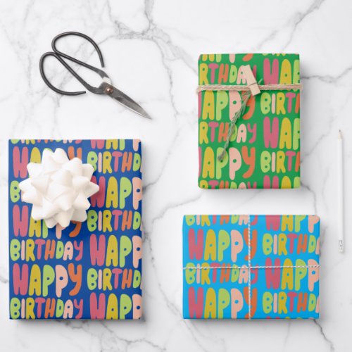 Colorful Happy Birthday Bubble Letter Pattern Gift Wrapping Paper Sheets