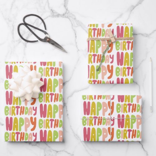 Colorful Happy Birthday Bubble Letter Pattern Gift Wrapping Paper Sheets
