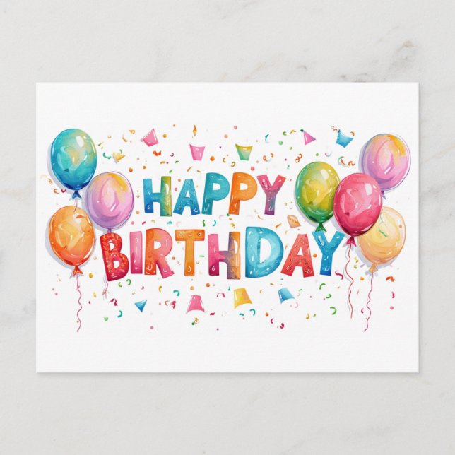 Colorful Happy Birthday Confetti And Balloons  Postcard (Front)