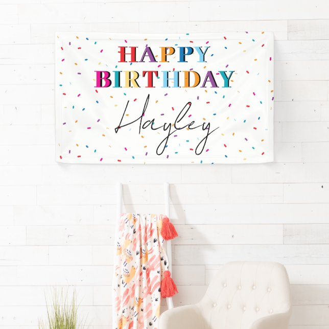 Colorful Happy Birthday Custom Name Confetti Banner (Insitu)