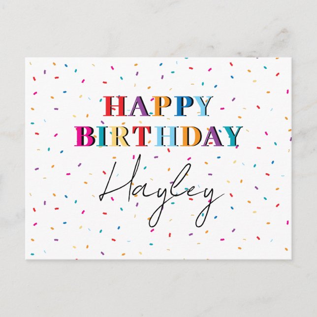 Colorful Happy Birthday Custom Name Confetti Holiday Postcard (Front)