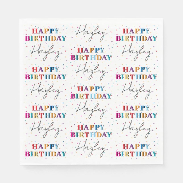 Colorful Happy Birthday Custom Name Confetti Napkins (Front)