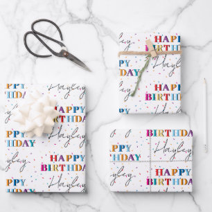 Colorful Happy Birthday Custom Name Confetti Wrapping Paper Sheets