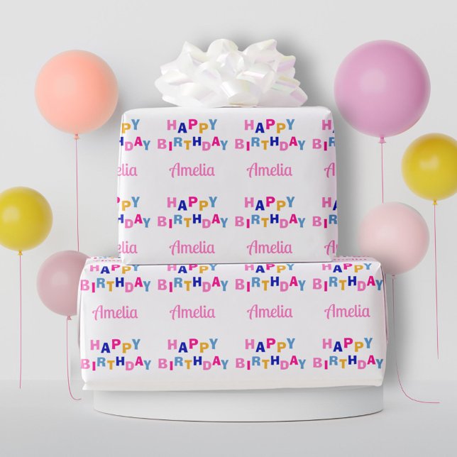 Colorful Happy Birthday Custom Name  Wrapping Paper (Creator Uploaded)