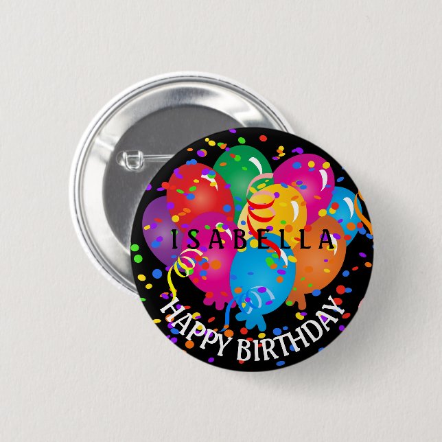 Colorful Happy Birthday Design on Black Button (Front & Back)