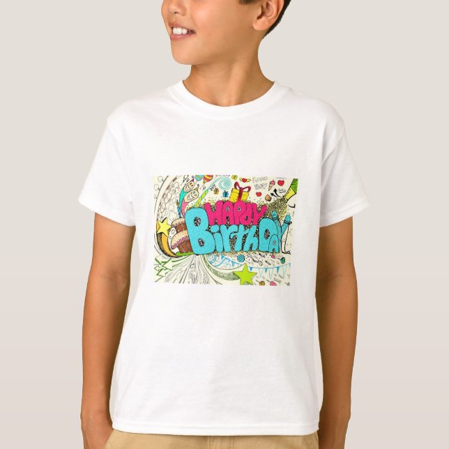 Colorful Happy Birthday Doodle with Party Element T-Shirt (Front)