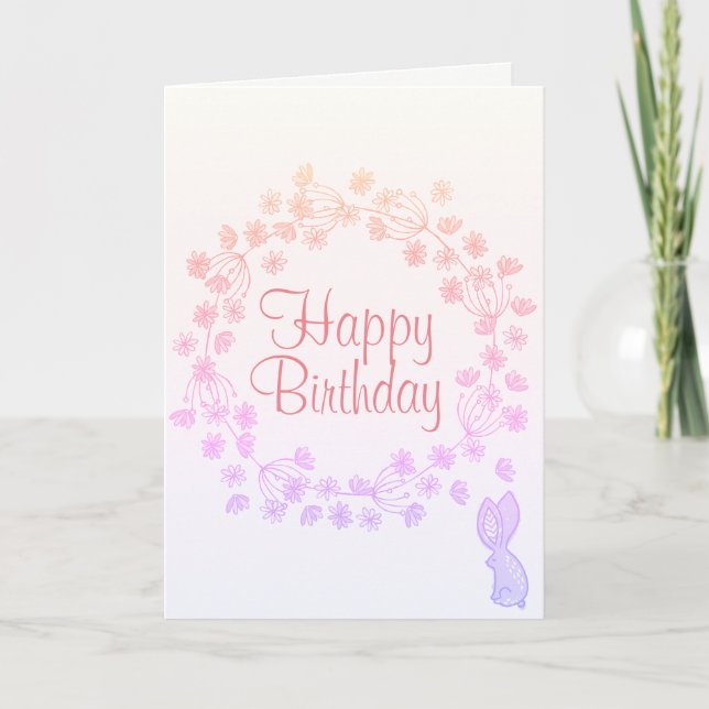 Colorful Happy Birthday Floral Wreath Bunny Card (Front)