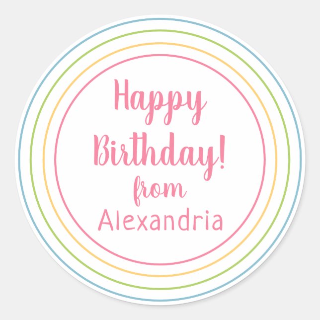 Colorful Happy Birthday from name Pastel Pink Classic Round Sticker (Front)