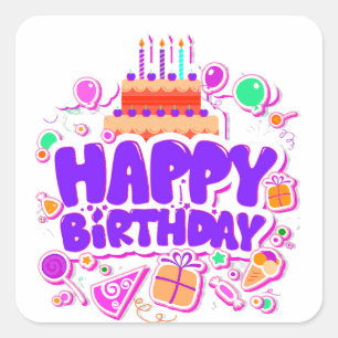 Colorful Happy Birthday Greeting With Cake Square Sticker