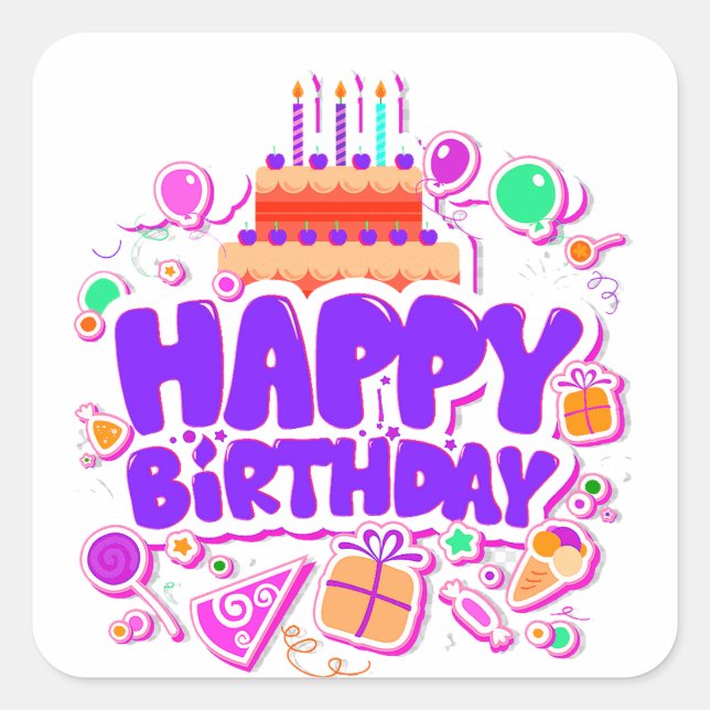 Colorful Happy Birthday Greeting With Cake Square Sticker (Front)