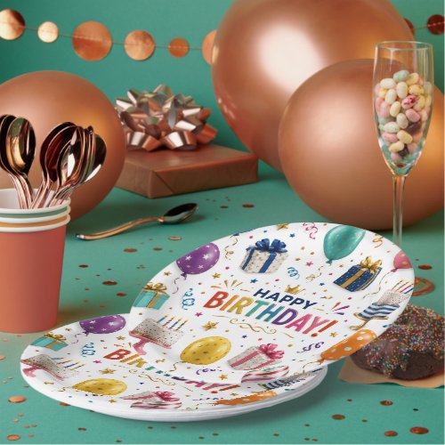 Colorful Happy Birthday Party Celebration Round Paper Plates