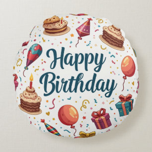 Colorful Happy Birthday Round Pillow with Balloons