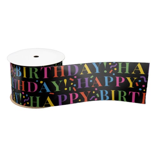 Colorful Happy Birthday Text Confetti on Black Satin Ribbon