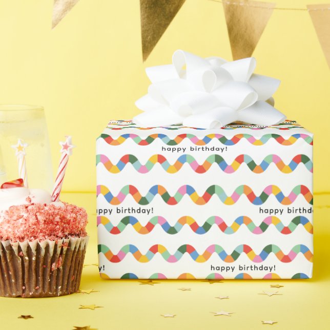 Colorful Happy Birthday Text Wavy Stripe Pattern Wrapping Paper (Birthday Party)