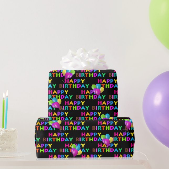 Colorful Happy Birthday Text With Balloons Wrapping Paper (Party Gifts)