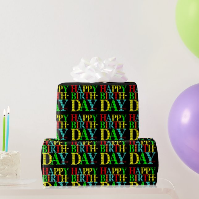 Colorful Happy Birthday Text with Black Background Wrapping Paper (Party Gifts)