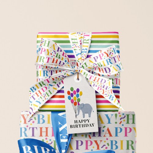 Colorful Happy Birthday Text with Confetti Satin Ribbon