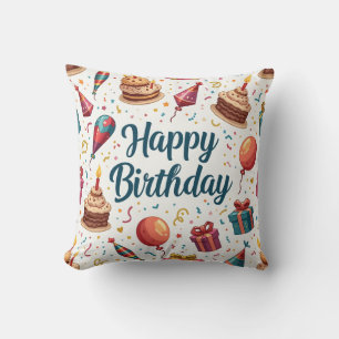 Colorful Happy Birthday Throw Pillow with Balloons
