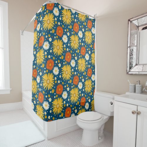 Colorful Happy Daisy Pattern Blue Shower Curtain