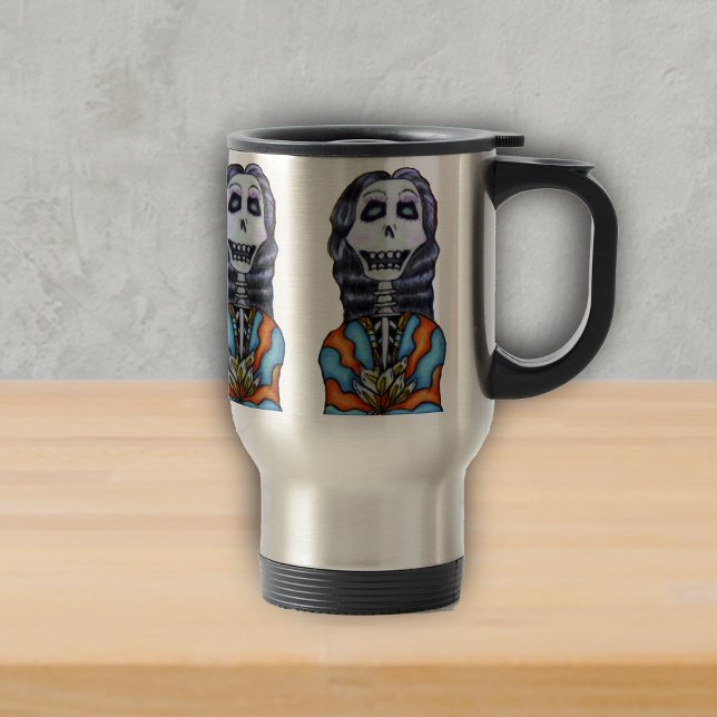 Colorful Happy Day of the Dead Skeleton Travel Mug (Happy day of the dead skeleton lady in orange blue cape with flowers black hair on travel mug.)