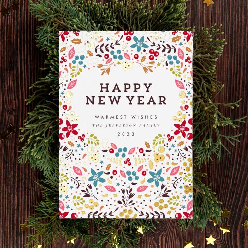 Colorful Happy delicate GOLD foil New Year Floral Foil Holiday Card