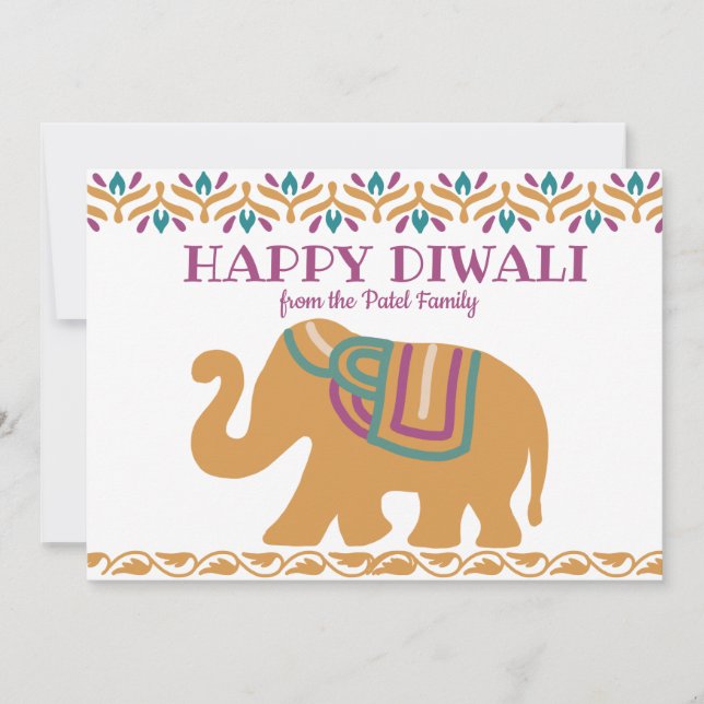 Colorful Happy Diwali Elephant and Family Photo Holiday Card (Front)