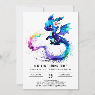 Colorful Happy Dragon Digital Girl Birthday Invitation