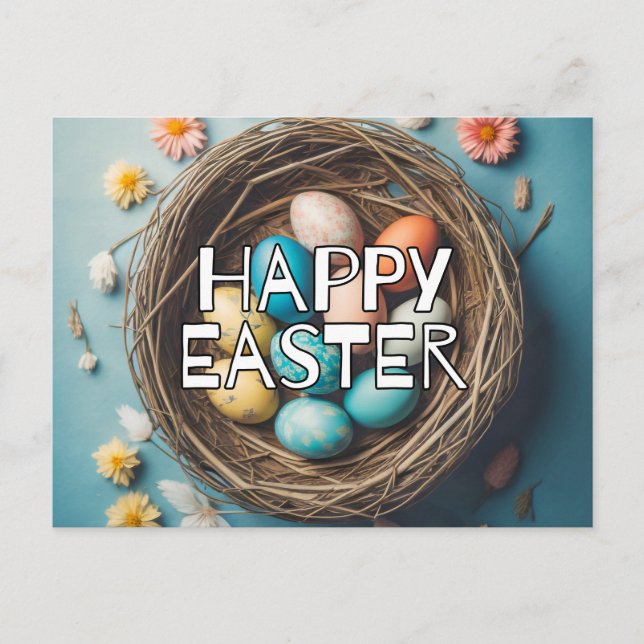 Colorful Happy Easter Basket & Eggs Postcard (Front)