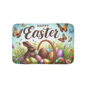 Colorful, Happy Easter basket with eggs Bath Mat