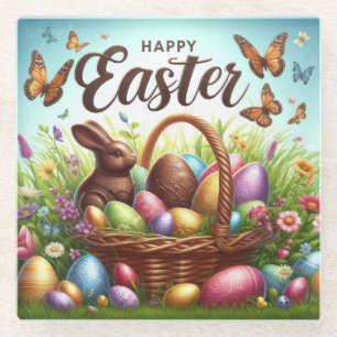 Colorful, Happy Easter basket with eggs Glass Coaster