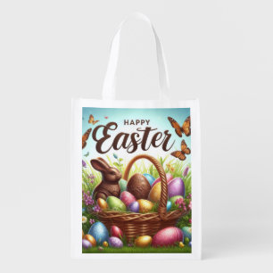 Colorful, Happy Easter basket with eggs Grocery Bag