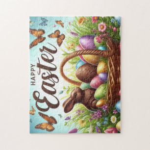 Colorful, Happy Easter basket with eggs Jigsaw Puzzle