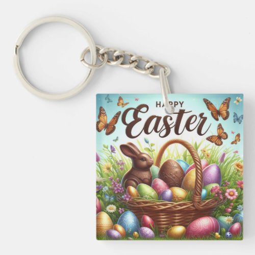Colorful Happy Easter basket with eggs Keychain