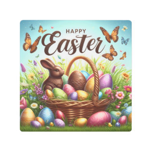 Colorful, Happy Easter basket with eggs Metal Print