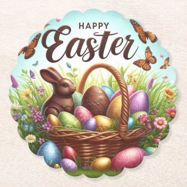Colorful, Happy Easter basket with eggs Paper Coaster (Front)