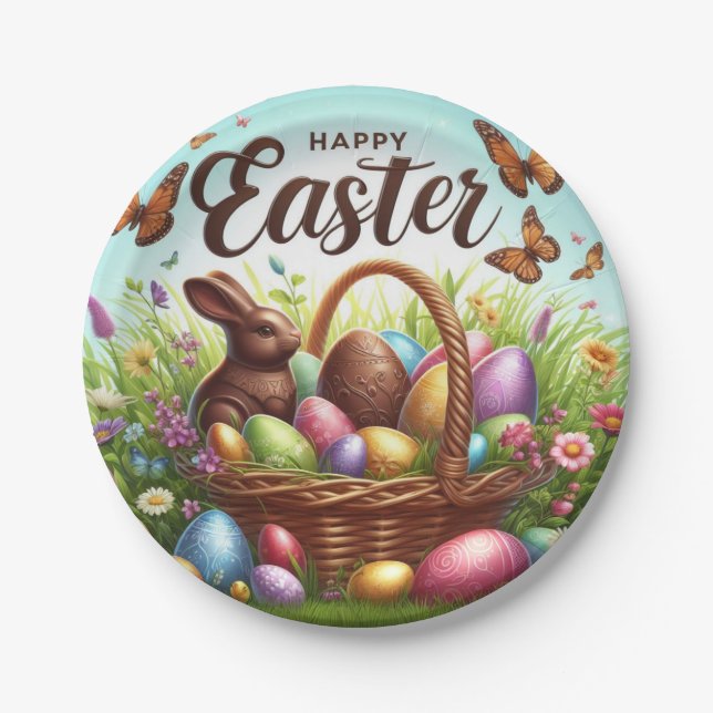Colorful, Happy Easter basket with eggs Paper Plates (Front)