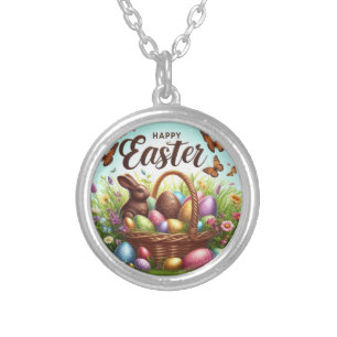 Colorful, Happy Easter basket with eggs Silver Plated Necklace