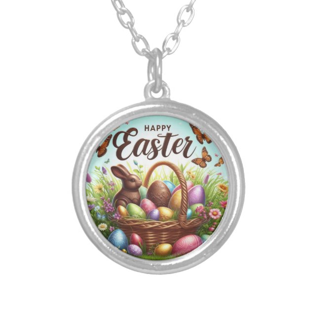Colorful, Happy Easter basket with eggs Silver Plated Necklace (Front)