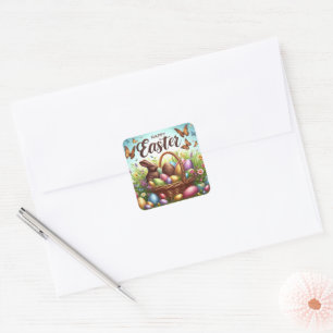 Colorful, Happy Easter basket with eggs Square Sticker