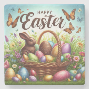 Colorful, Happy Easter basket with eggs Stone Coaster