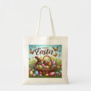 Colorful, Happy Easter basket with eggs Tote Bag
