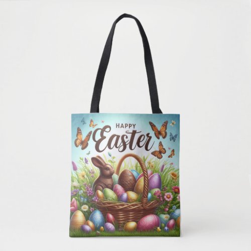 Colorful Happy Easter basket with eggs Tote Bag