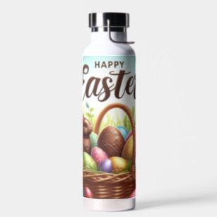 Colorful, Happy Easter basket with eggs Water Bottle
