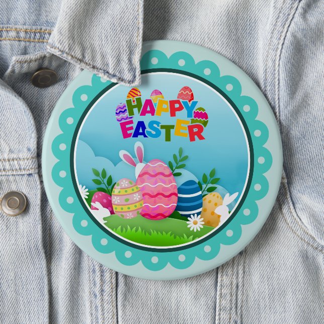 Colorful Happy Easter – Cute Bunny and Eggs Button (In Situ)