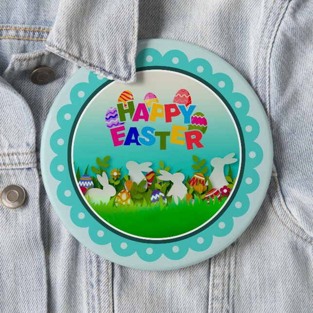 Colorful Happy Easter – Cute Bunny and Eggs Button (In Situ)