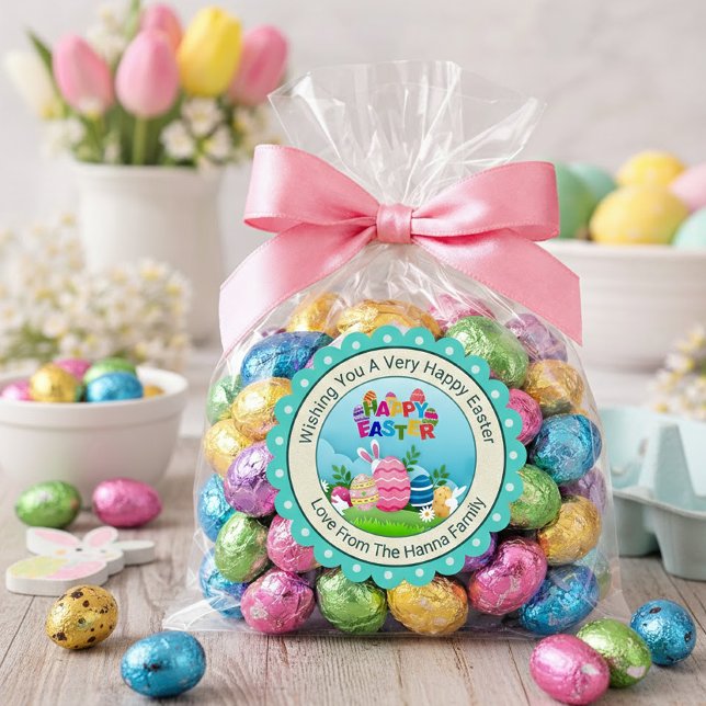 Colorful Happy Easter – Cute Bunny and Eggs Square Sticker (Creator Uploaded)