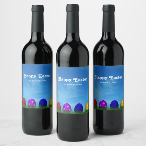 Colorful Happy Easter Eggs Grass Sky Wine Label