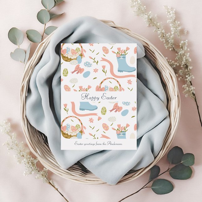 Colorful Happy Easter Eggs In Spring Basket Holiday Card (Creator Uploaded)