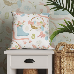 Colorful Happy Easter Eggs In Spring Basket Throw Pillow