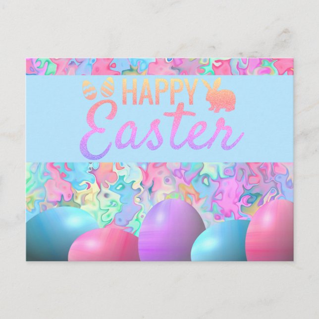 Colorful Happy Easter Eggs on Marble Background Postcard (Front)